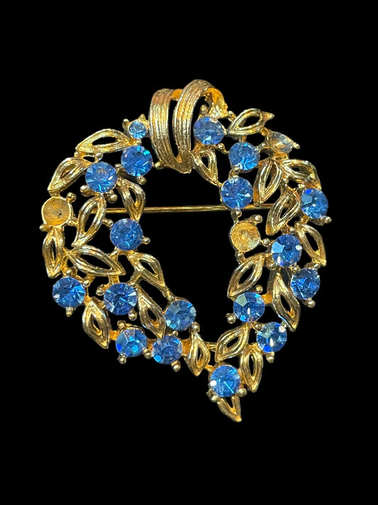 Vintage Lisner Aurora Borealis Gold Wreath with Blue Rhinestones Brooch