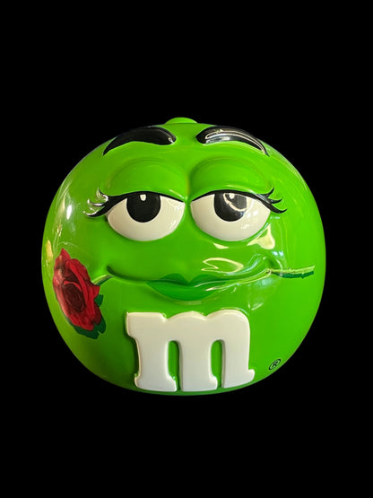 Vintage Galerie Mars M&M Green Candy with Rose Ceramic Cookie Jar with Lid