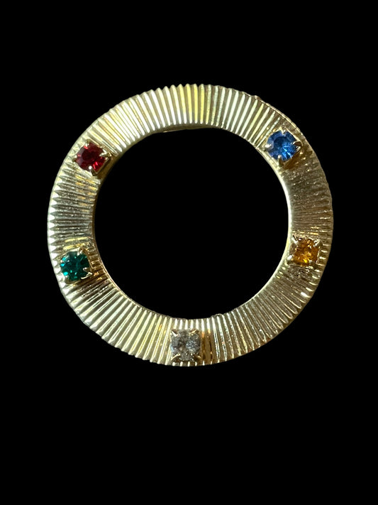 Vintage Gold Tone Multicolor Rhinestones Circle Brooch Pin