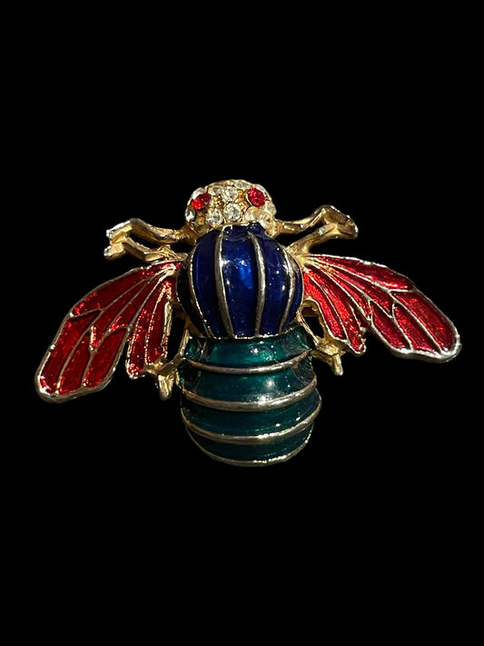 Vintage Blue Green & Red Bumble Bee with Rhinestones Enamel Brooch Pin