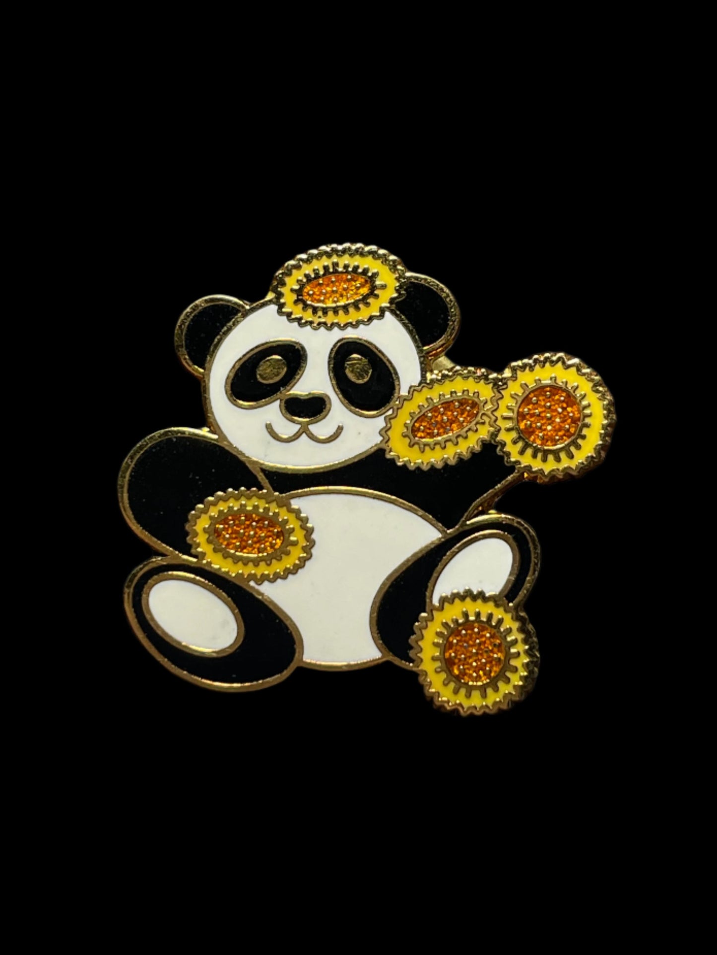 Vintage Smiling Panda and Sunflowers Enamel Brooch Pin