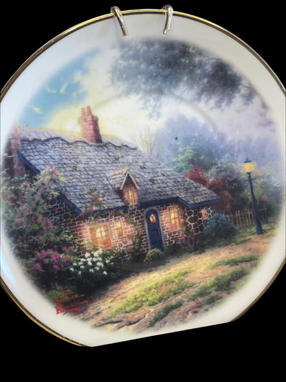 2003 Teleflora Gift Thomas Kinkade Moonlight Cottage Collectible Cup and Plate Set with Stand