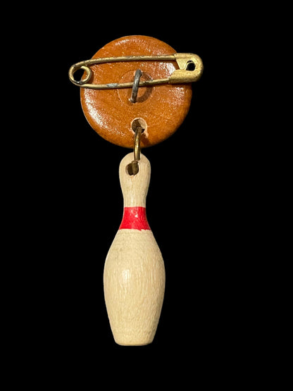 Vintage Wooden Miniature Bowling Ball and Dangling Pin Brooch