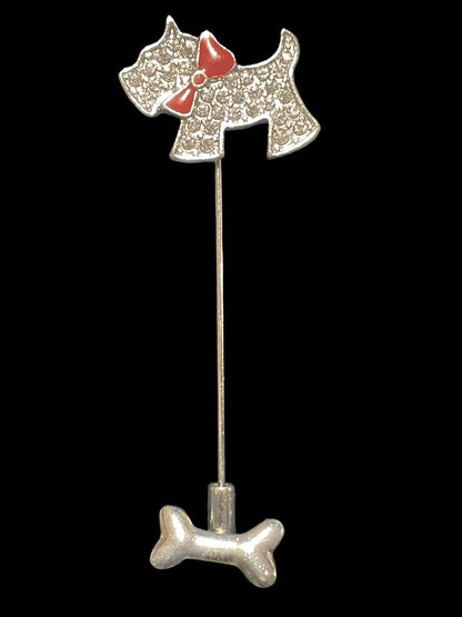 Rhinestone Yorkie or Scottie with Red Enamel Bow Stick Pin