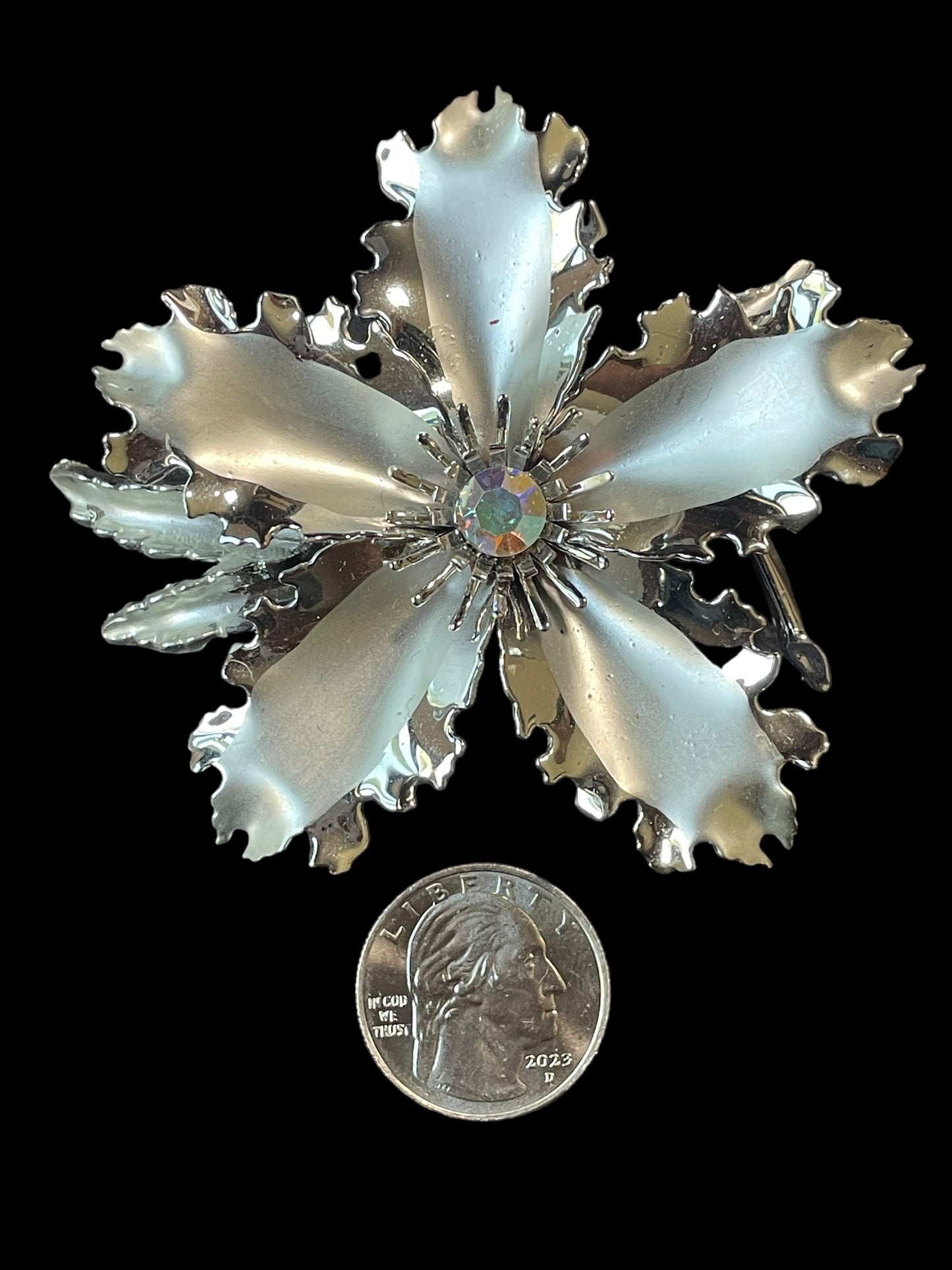 Vintage Silver Tone Aurora Borealis Rhinestone Center Flower Brooch Pin