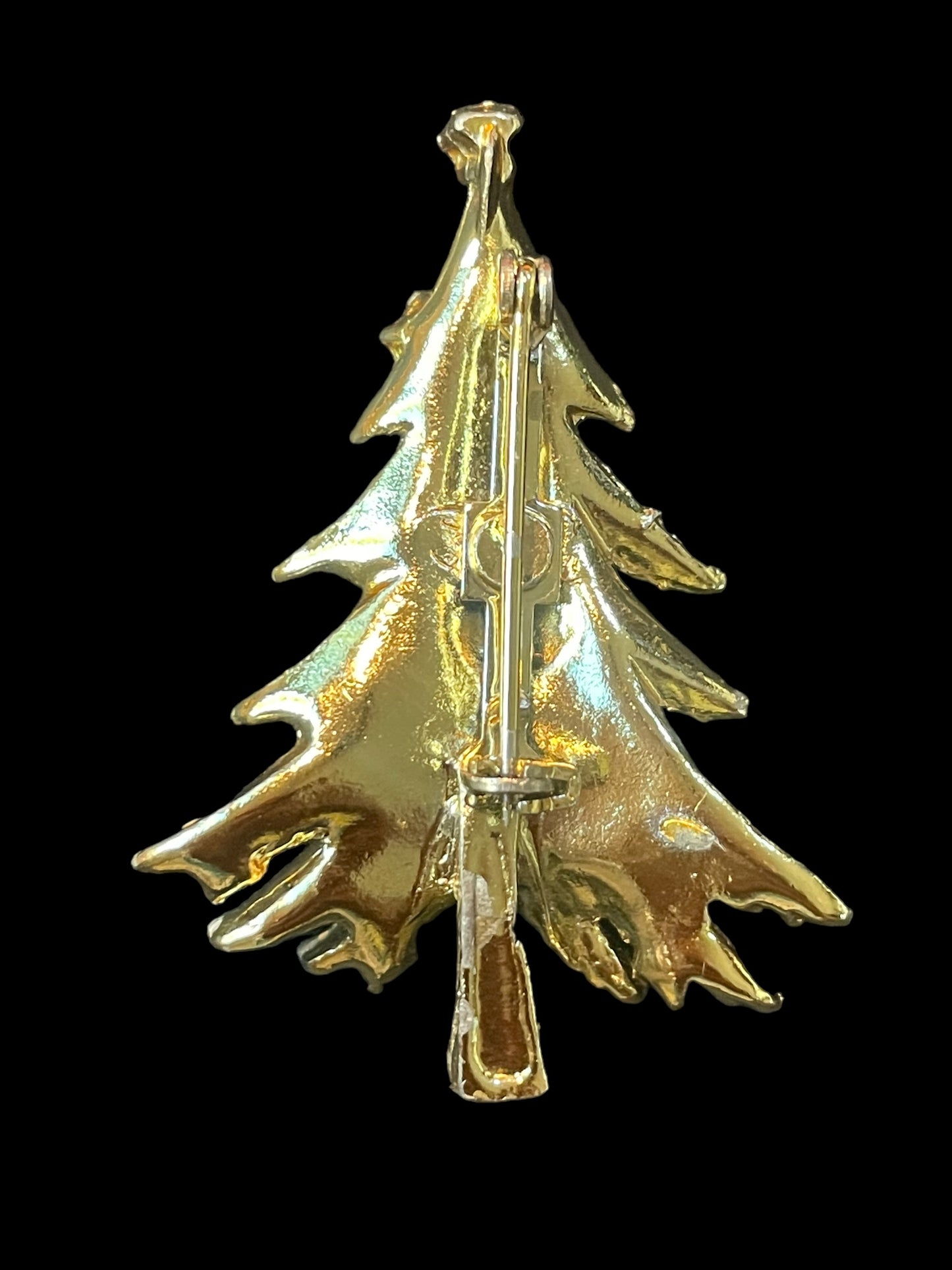 Vintage Gold Toned Christmas Tree Colorful Stone Ornaments Brooch Pin