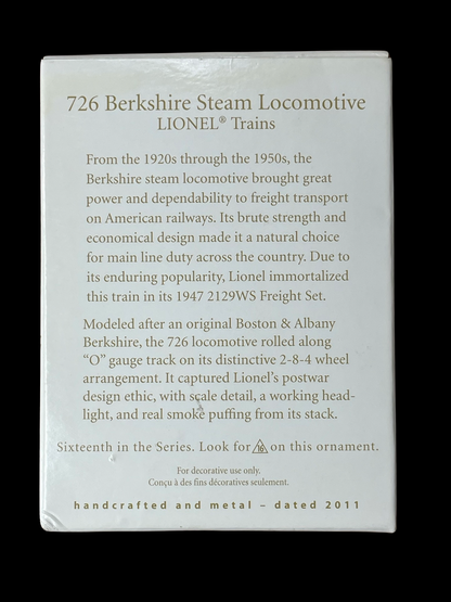 2011 Hallmark Keepsake Ornament Lionel Train #16 - 726 Berkshire Steam Locomotive