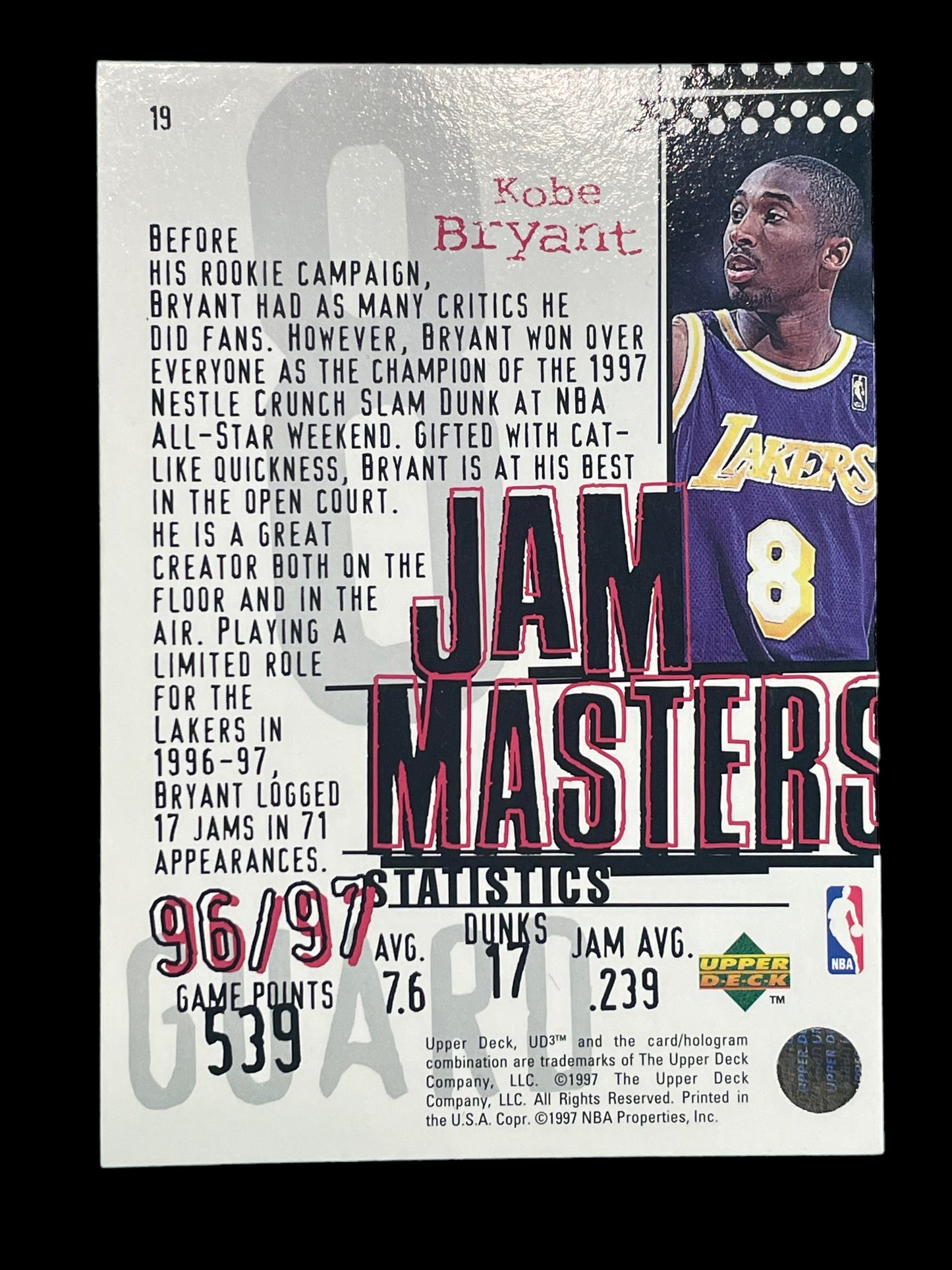 Kobe Bryant #19 1997 Upper Deck UD3 Jam Masters Graded NM MINT 8