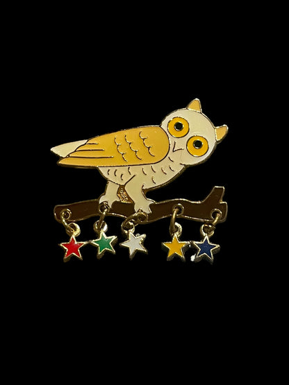 Nostalgic Owl With Dangling Colorful Stars On Branch Brooch Pin