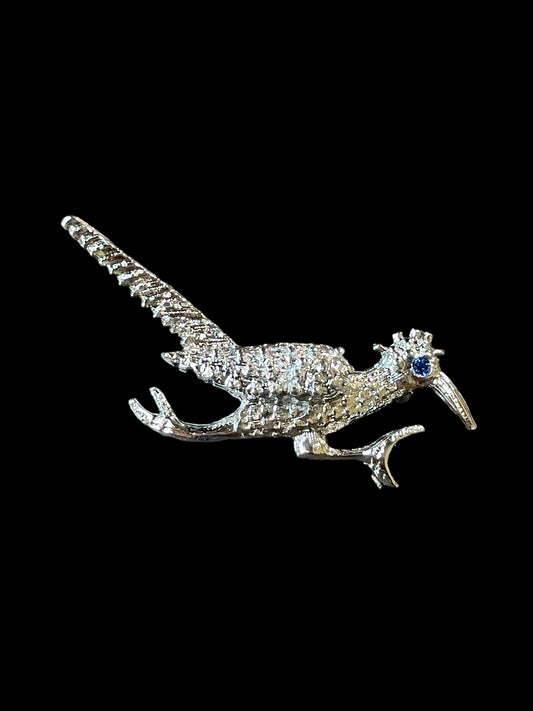 Vintage Gerry's Silver Tone Roadrunner with Blue Gemstone Eye Brooch Pin