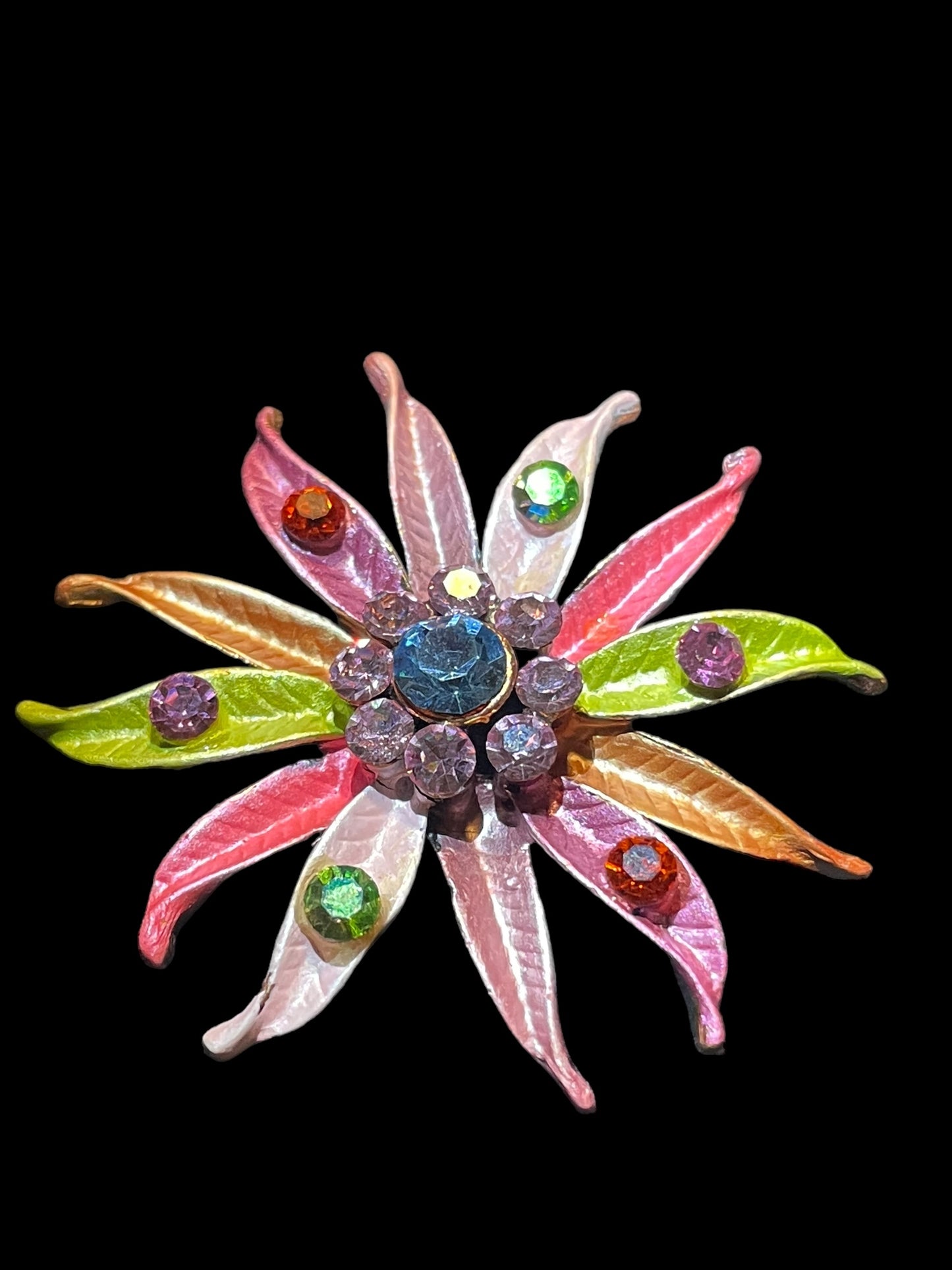 Vintage Colorful Flower with Rhinestones Figural Brooch