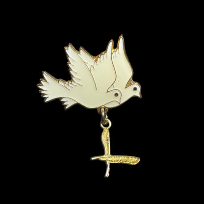 White Doves with Dangling Gold Toned Feathers Enameled Brooch Pin Vintage