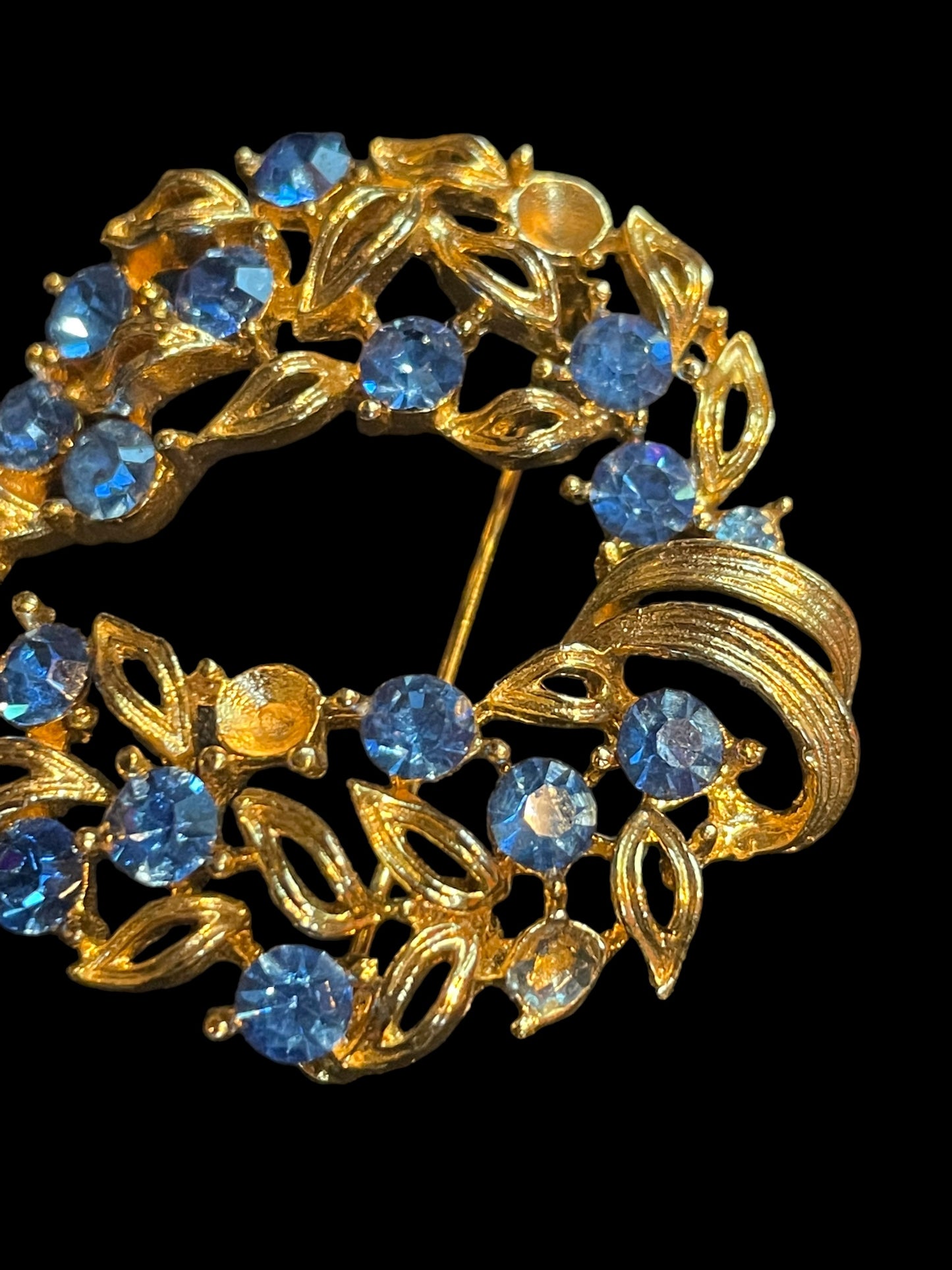 Vintage Lisner Aurora Borealis Gold Wreath with Blue Rhinestones Brooch