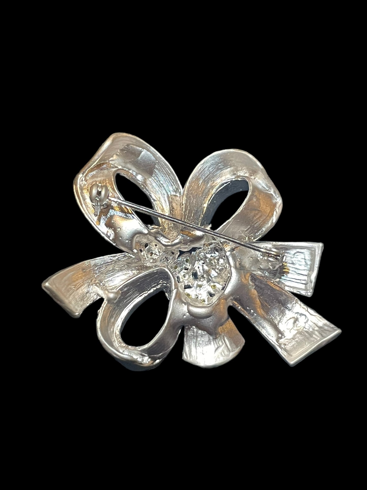 Vintage Silver Toned Bow with Clustered Rhinestones Brooch