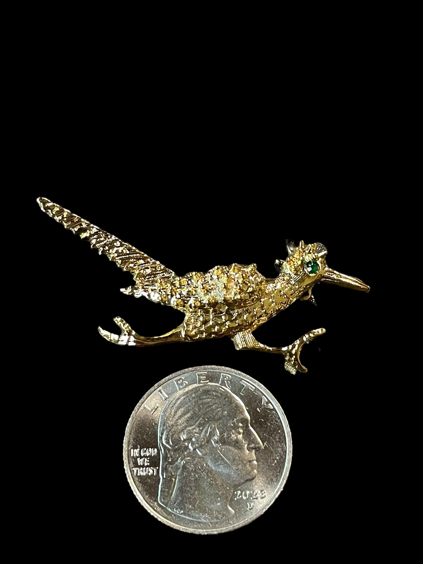 Vintage Gerry's Gold Tone Textured Metal Roadrunner with Green Gemstone Brooch Pin