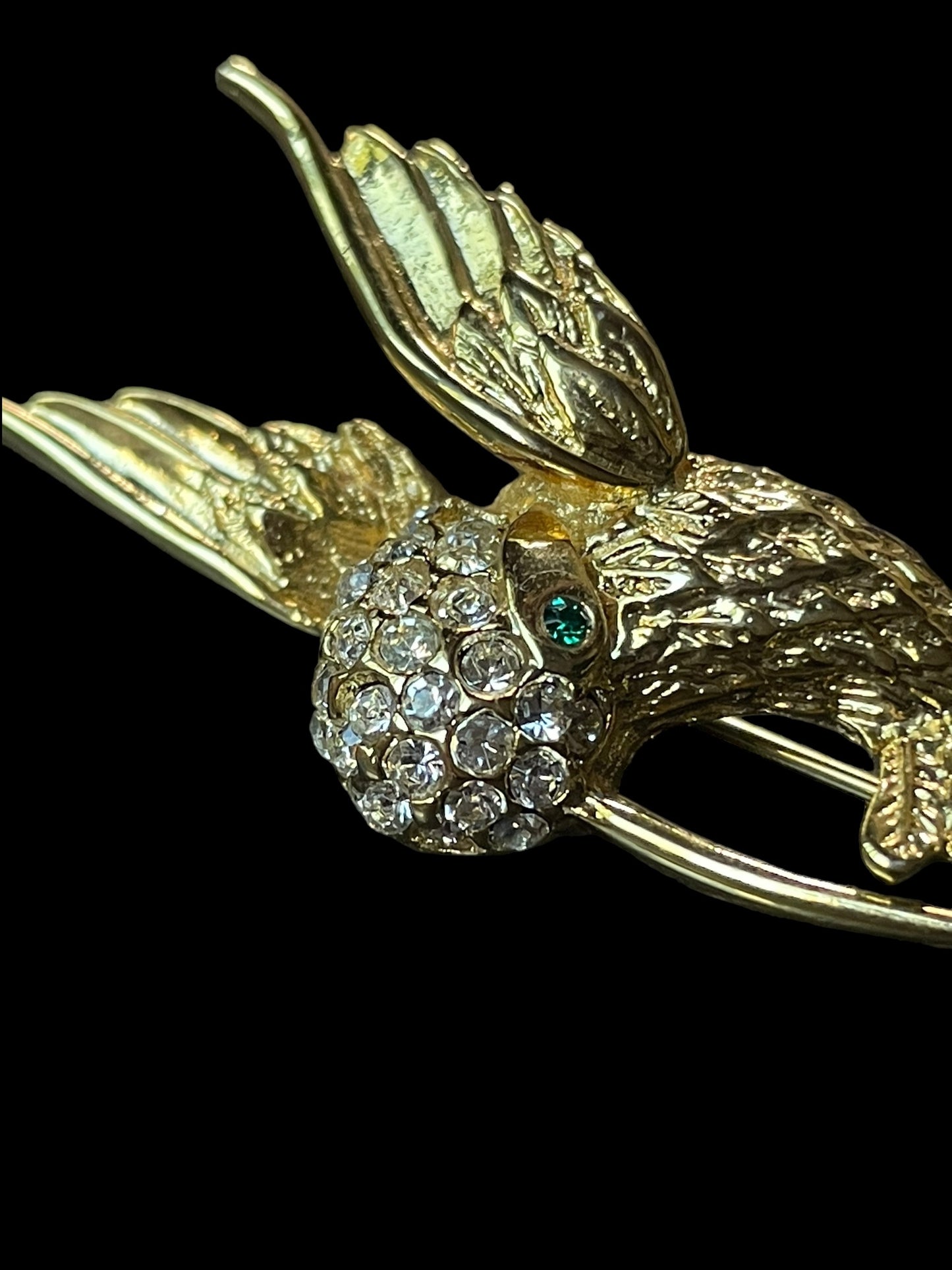 Vintage Gold Tone and Rhinestone Hummingbird Brooch Pin