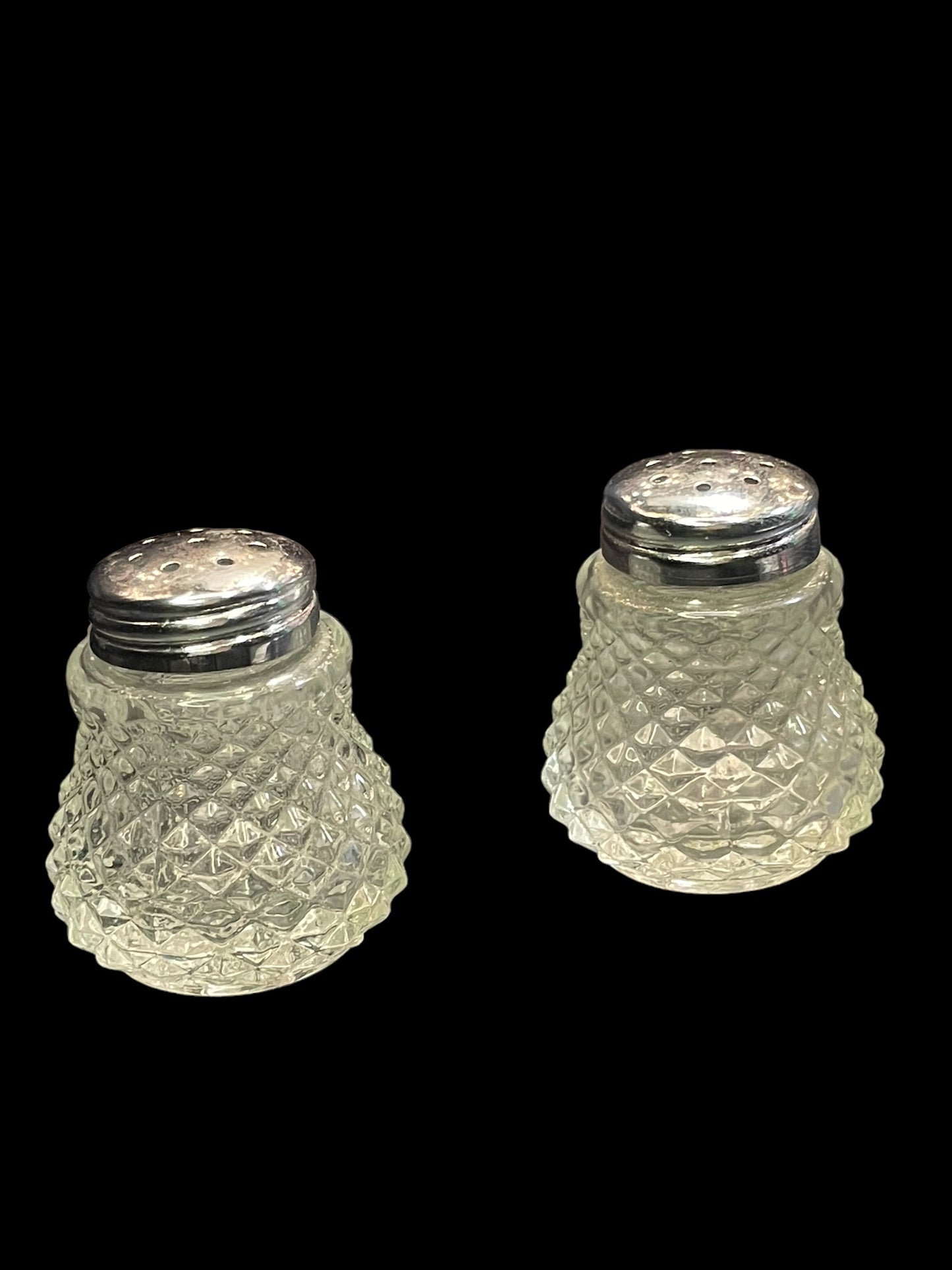 Pair of Vintage Glass Crystal Metal Top Salt and Pepper Shakers