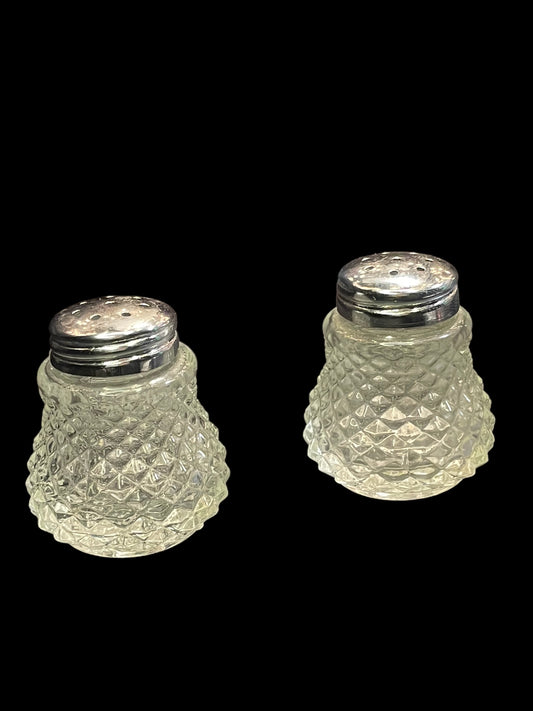 Pair of Vintage Glass Crystal Metal Top Salt and Pepper Shakers