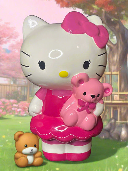 2013 Sanrio Pink Hello Kitty Holding Pink Teddy Bear Collectible Ceramic Piggy Bank