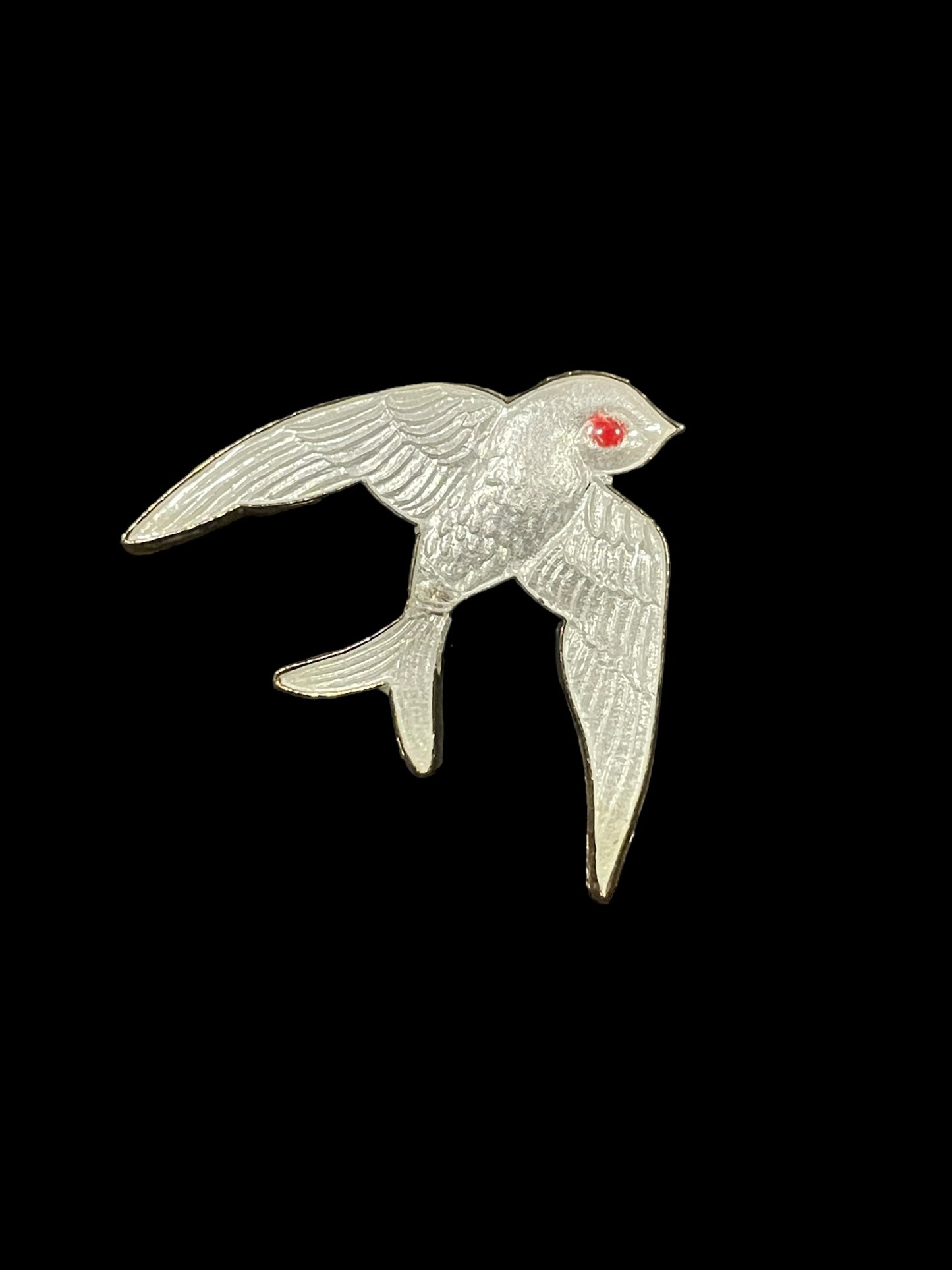 Silver Tone Red Eye Flying Sparrow or Swallow Bird Brooch Pin