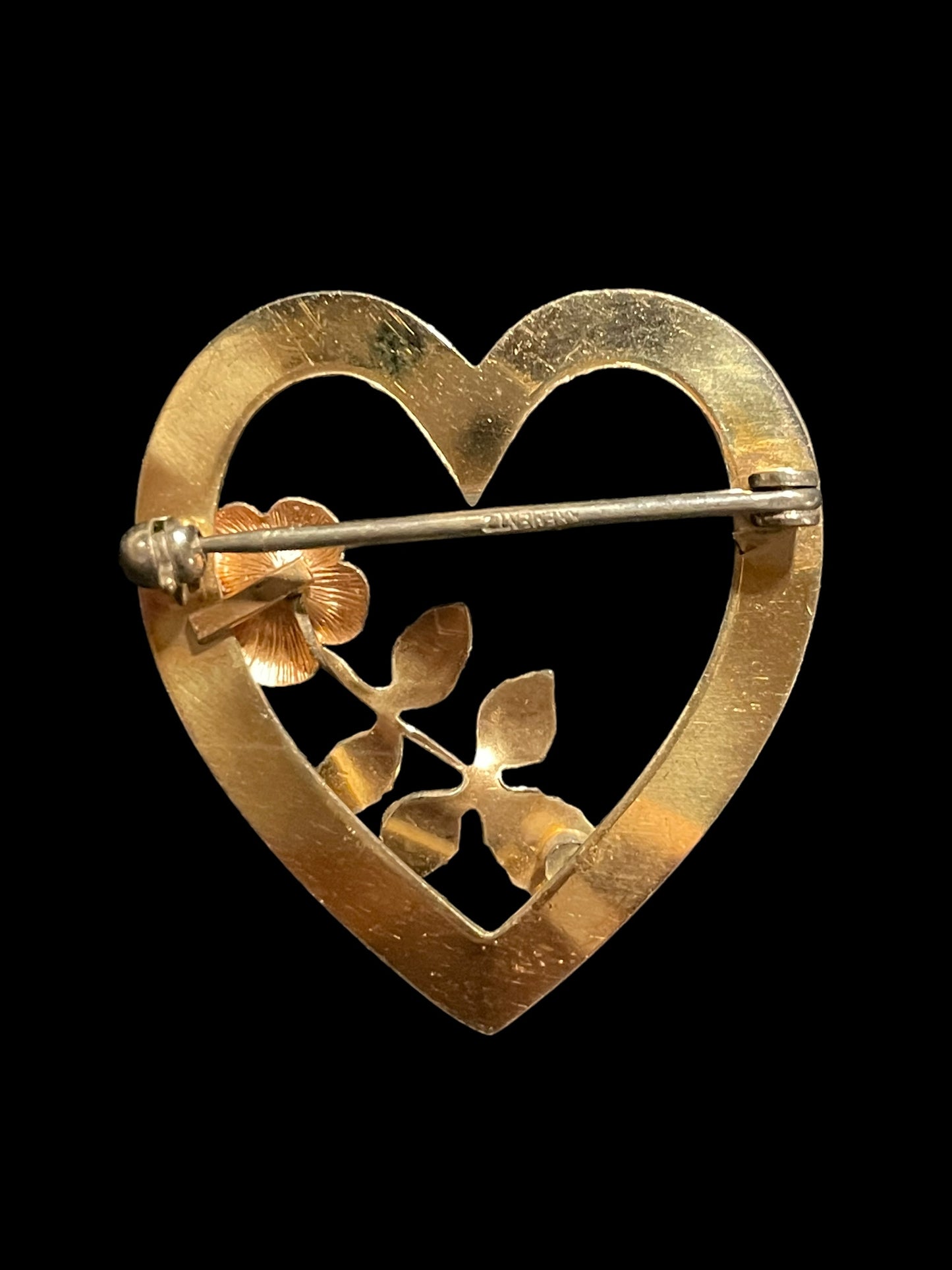 Vintage Krementz 14k Gold Overlay Heart with Rose Brooch Pin