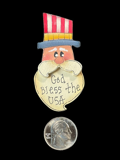 Uncle Sam God Bless the USA Wooden Brooch Pin