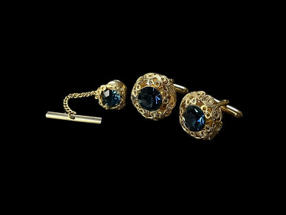 Vintage Gold Tone Filigree Cufflinks and Tie Pin with Blue Glass Stones Mens Jewelry Set