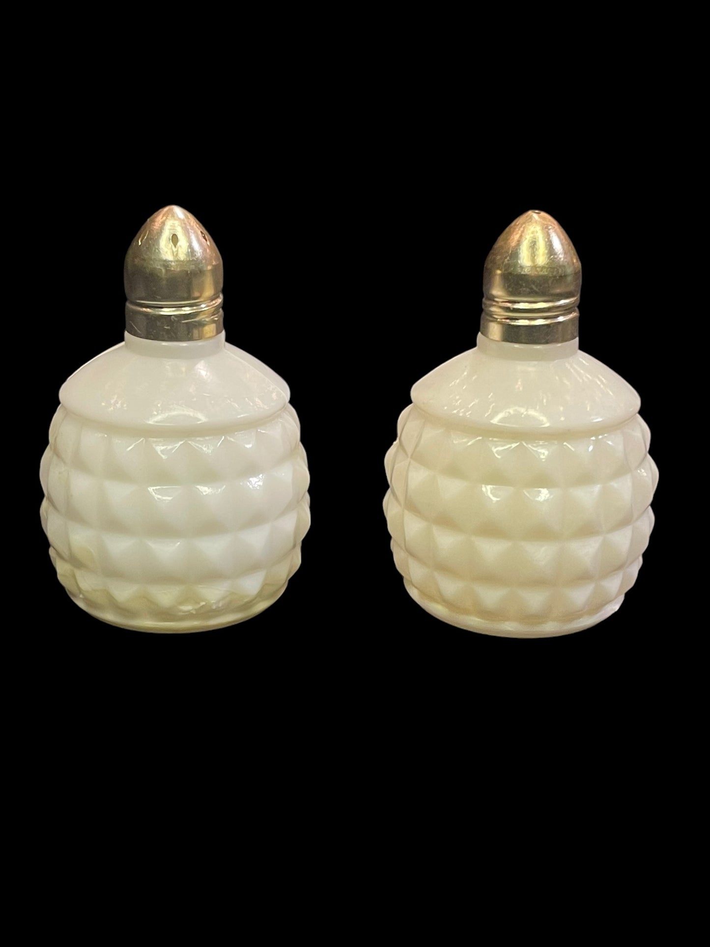 Pair of Vintage Glass Milk White Salt and Pepper Shakers Made in Hong Kong