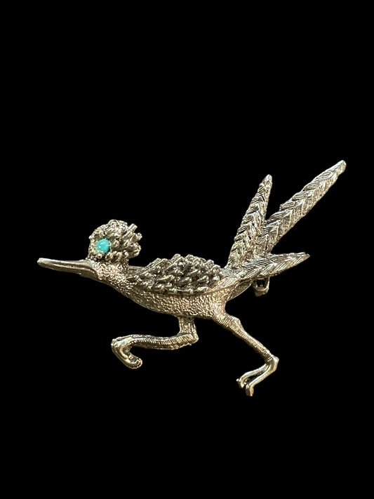 Vintage Silver Tone and Turquoise Eye Roadrunner Brooch Pin