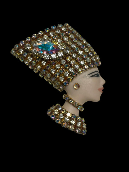 Vintage Hand Painted Egyptian Queen Nefertiti Porcelain and Swarovski Brooch