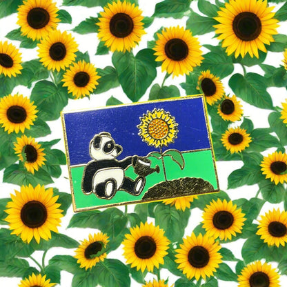 Panda Watering Sunflower in Field Enamel Brooch Pin Vintage