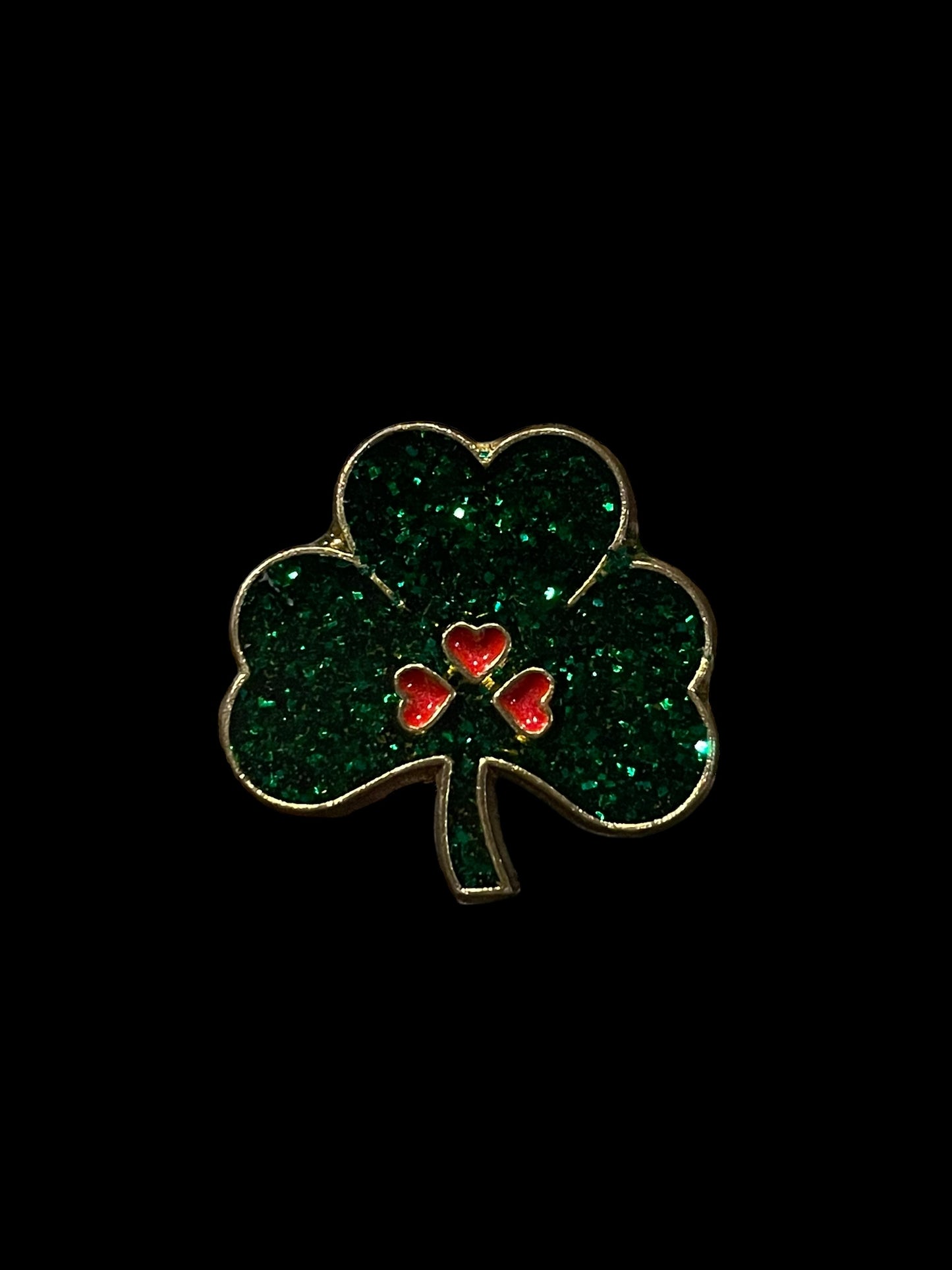 Vintage Green Glitter Three Leaf Clover Shamrock Red Hearts Brooch Pin