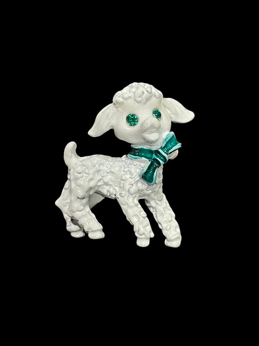 Vintage Precious White Lamb with Green Bow and Eyes Brooch Pin