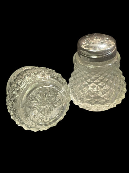 Pair of Vintage Glass Crystal Metal Top Salt and Pepper Shakers