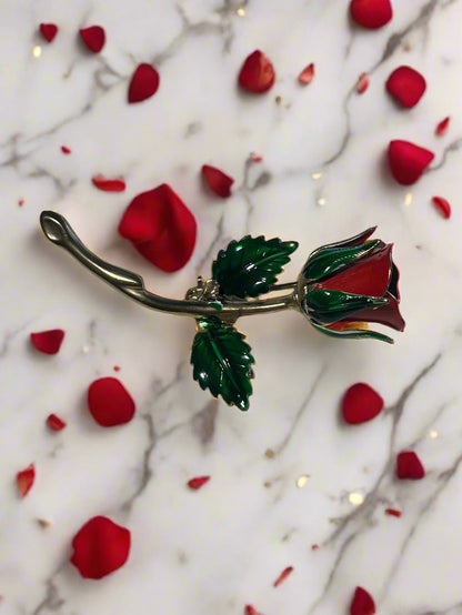 Vintage Gold Toned Enamel Red Rose Brooch Pin