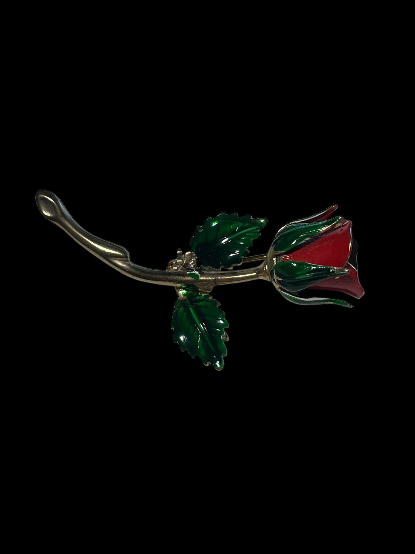 Vintage Gold Toned Enamel Red Rose Brooch Pin