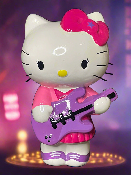 2013 Sanrio Rock N Roll Hello Kitty Holding Purple Guitar Ceramic Piggy Bank