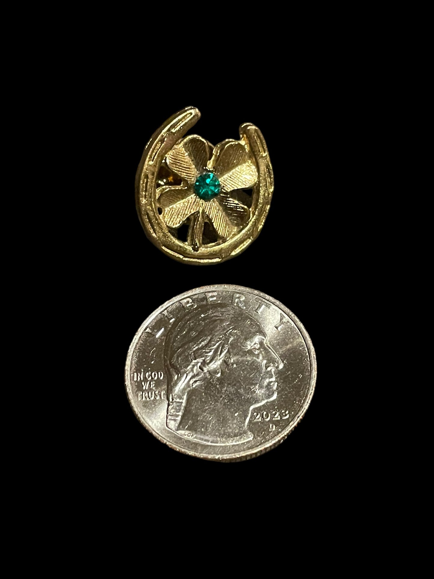 Vintage Gold Tone Lucky Horseshoe with Four Leaf Clover Rhinestone Brooch Pin