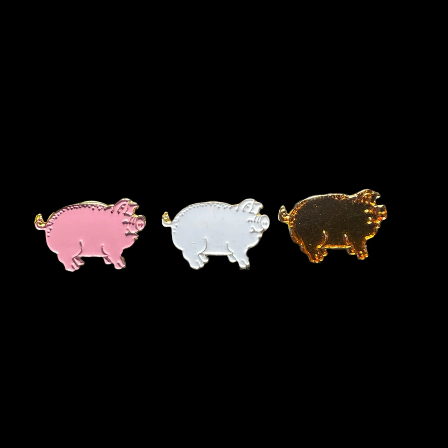 Set of White, Pink, and Gold Farm Pigs Enamel Brooch Pins Vintage