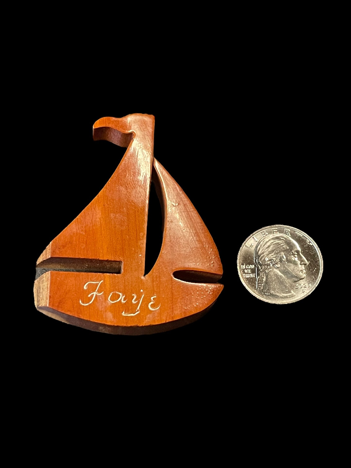 Wooden Carved Sail Boat Brooch Pin