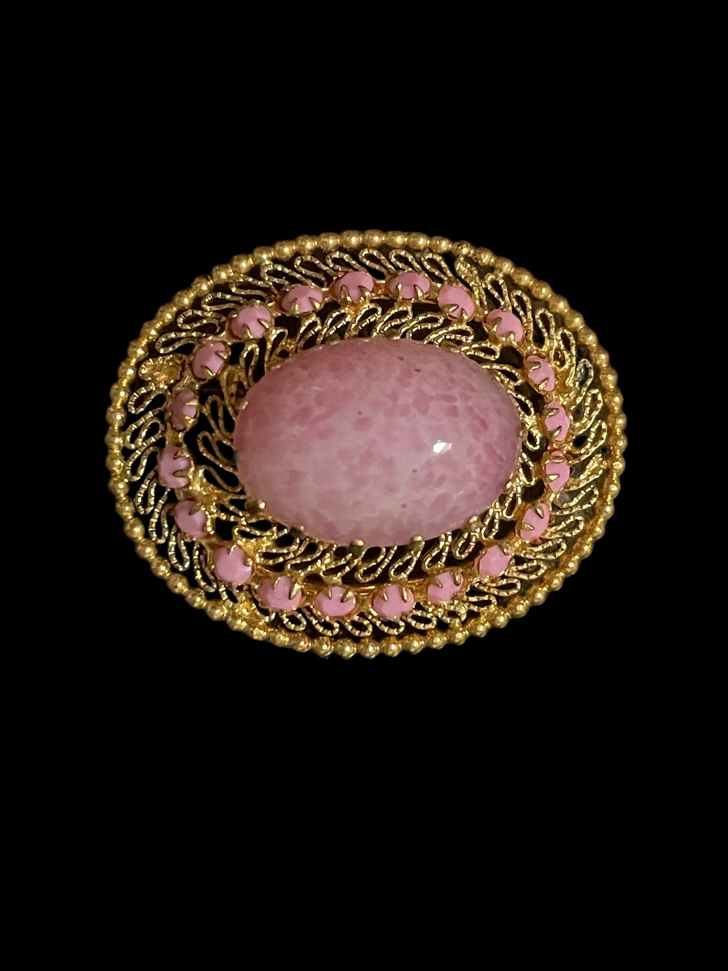 Vintage Gold Tone Filigree Pink Glass and Rhinestones Brooch Pin Made in Austria