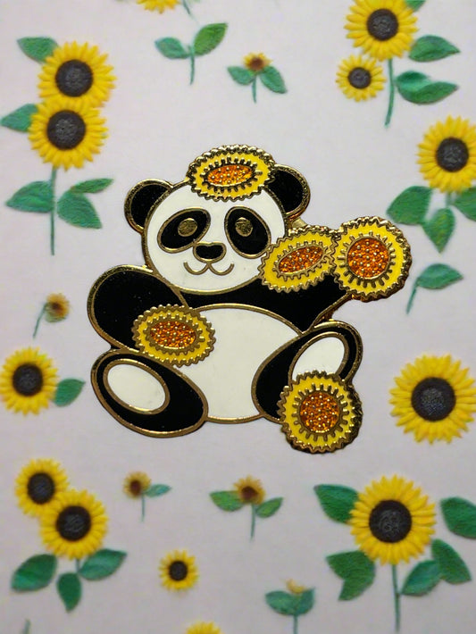 Vintage Smiling Panda and Sunflowers Enamel Brooch Pin