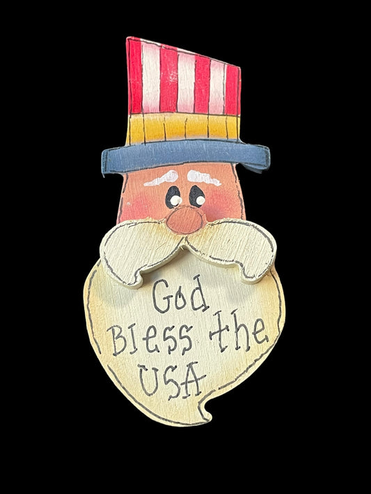 Uncle Sam God Bless the USA Wooden Brooch Pin