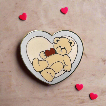 Teddy Bear with Heart Love Heart Shape Enameled Brooch Pin Vintage