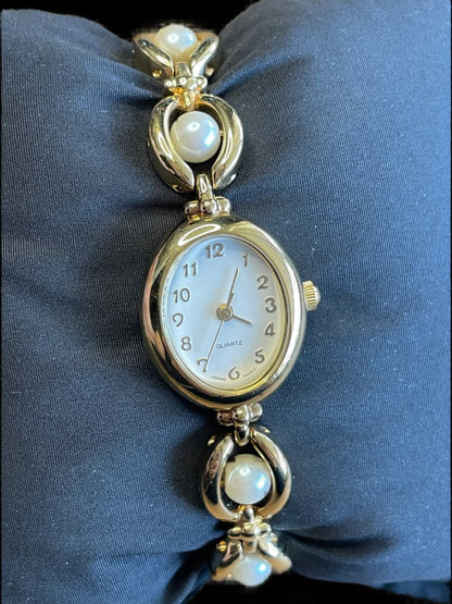 Avon SR626SW Gold Tone and Faux Pearls Women Quartz Movement Dainty Wrist Watch