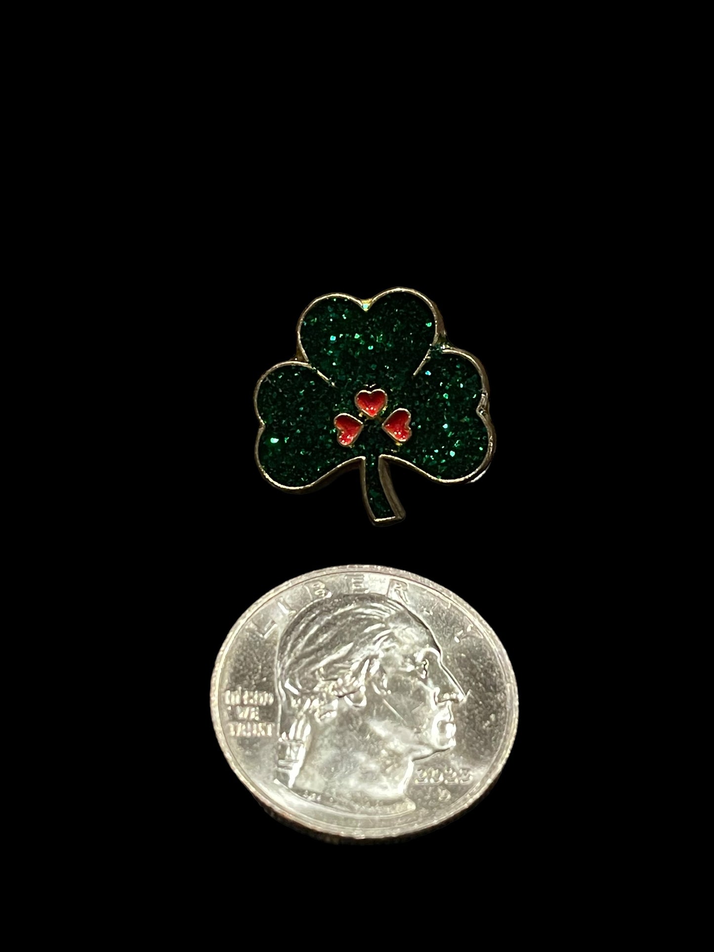 Vintage Green Glitter Three Leaf Clover Shamrock Red Hearts Brooch Pin