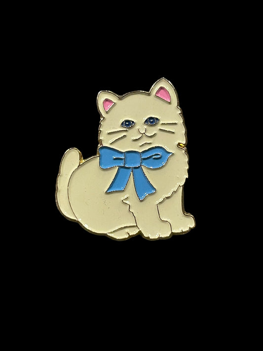 Vintage Gold Tone White Kitty Cat with Blue Bow Enamel Brooch Pin