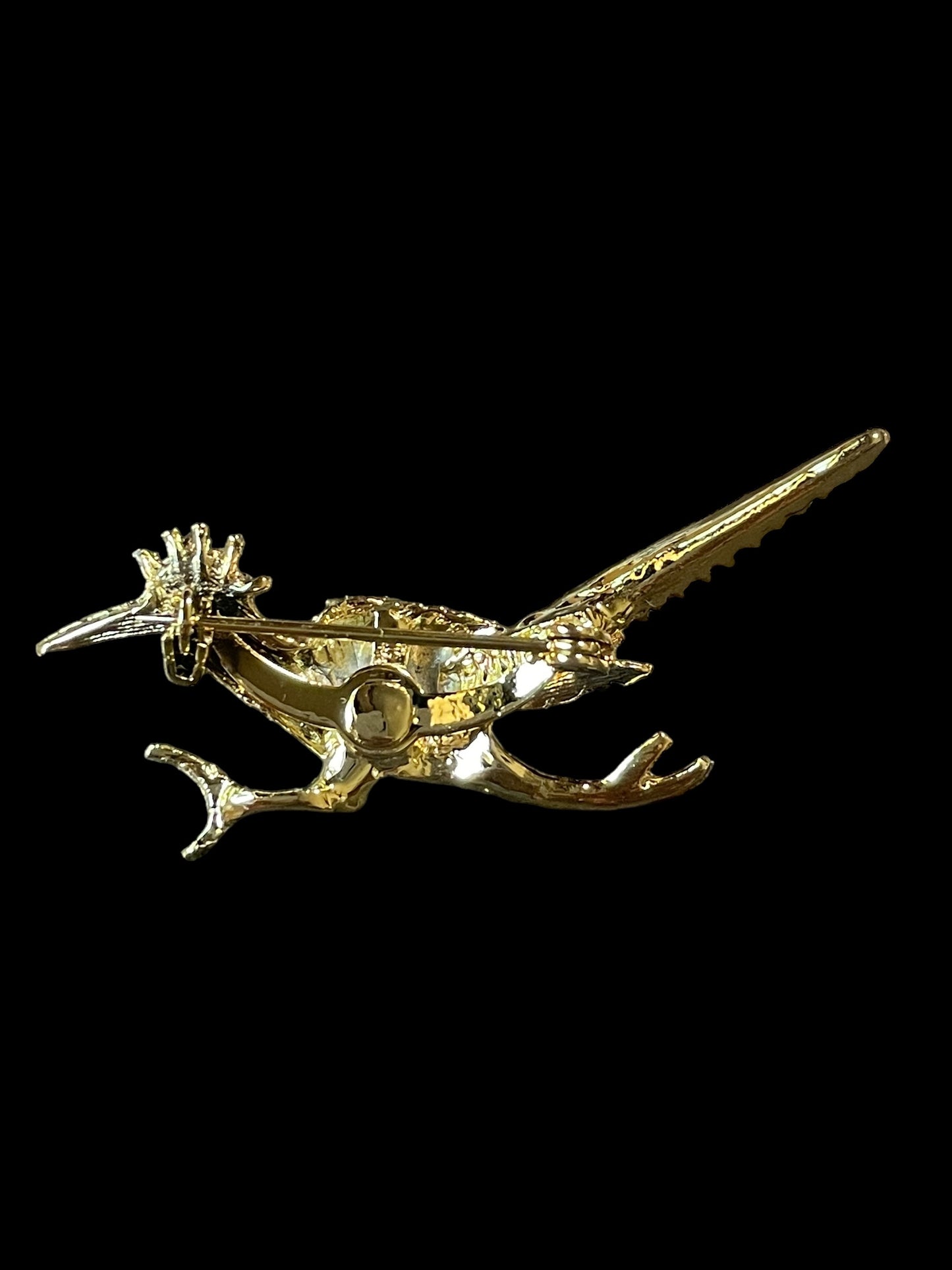 Vintage Gerry's Gold Tone Textured Metal Roadrunner with Green Gemstone Brooch Pin