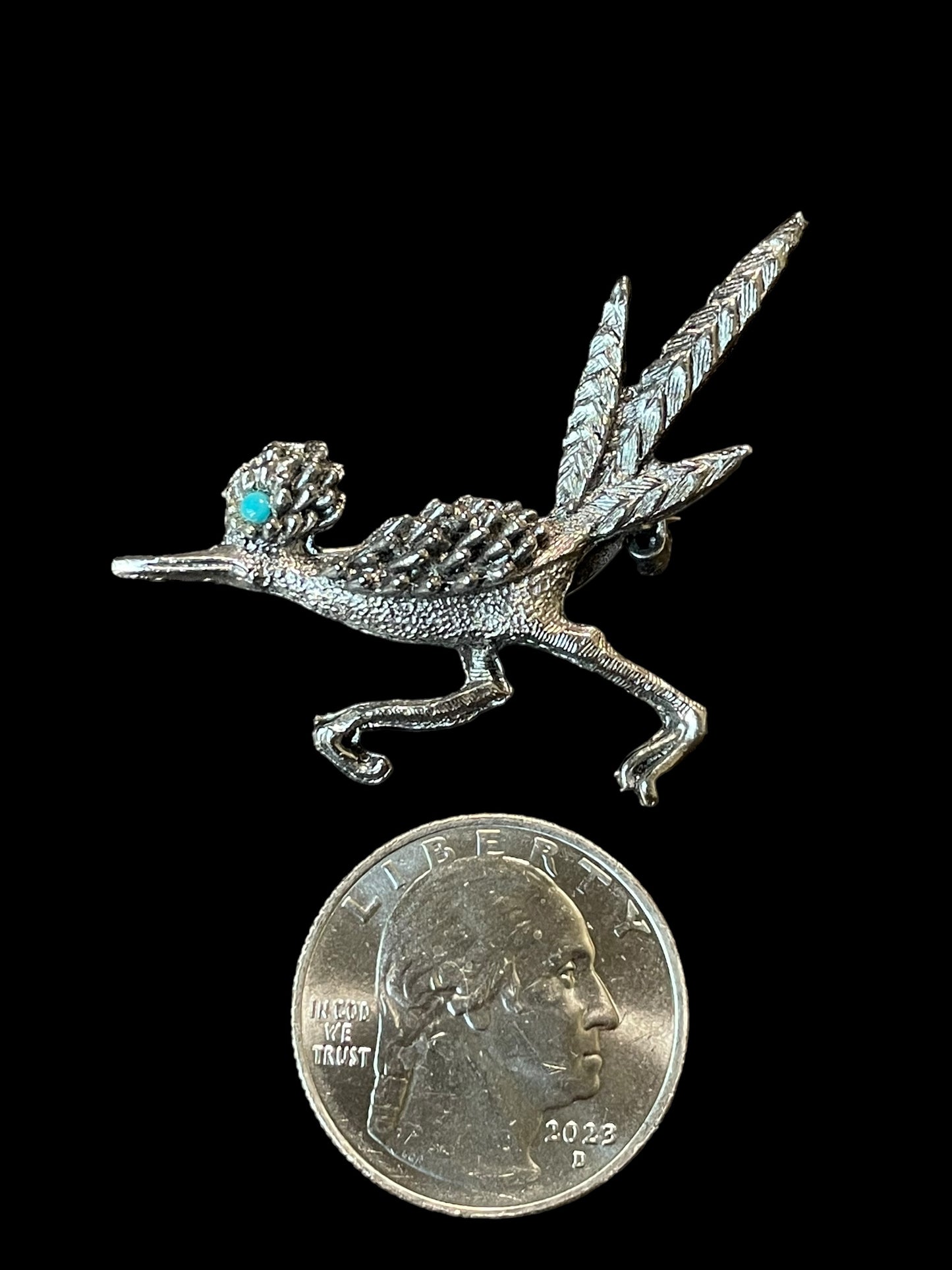 Vintage Silver Tone and Turquoise Eye Roadrunner Brooch Pin