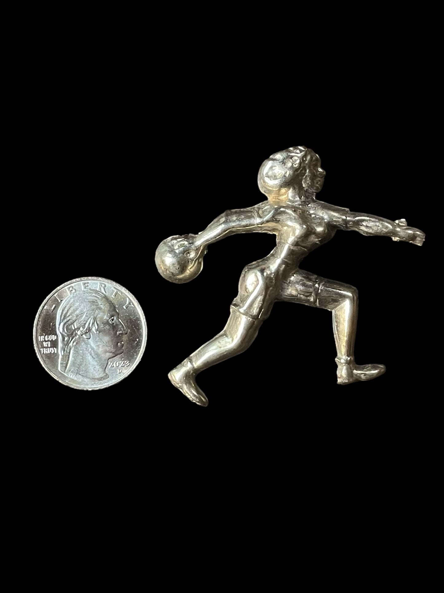 Vintage Retro Women Bowling League 3D Molded Silver Tone Brooch Pin or Pendant